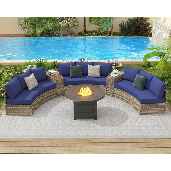Jocisland 9 seats Patio Set, Half-Moon Outdoor Couch, with Storage Side Table Wicker Sofa Set, Blue