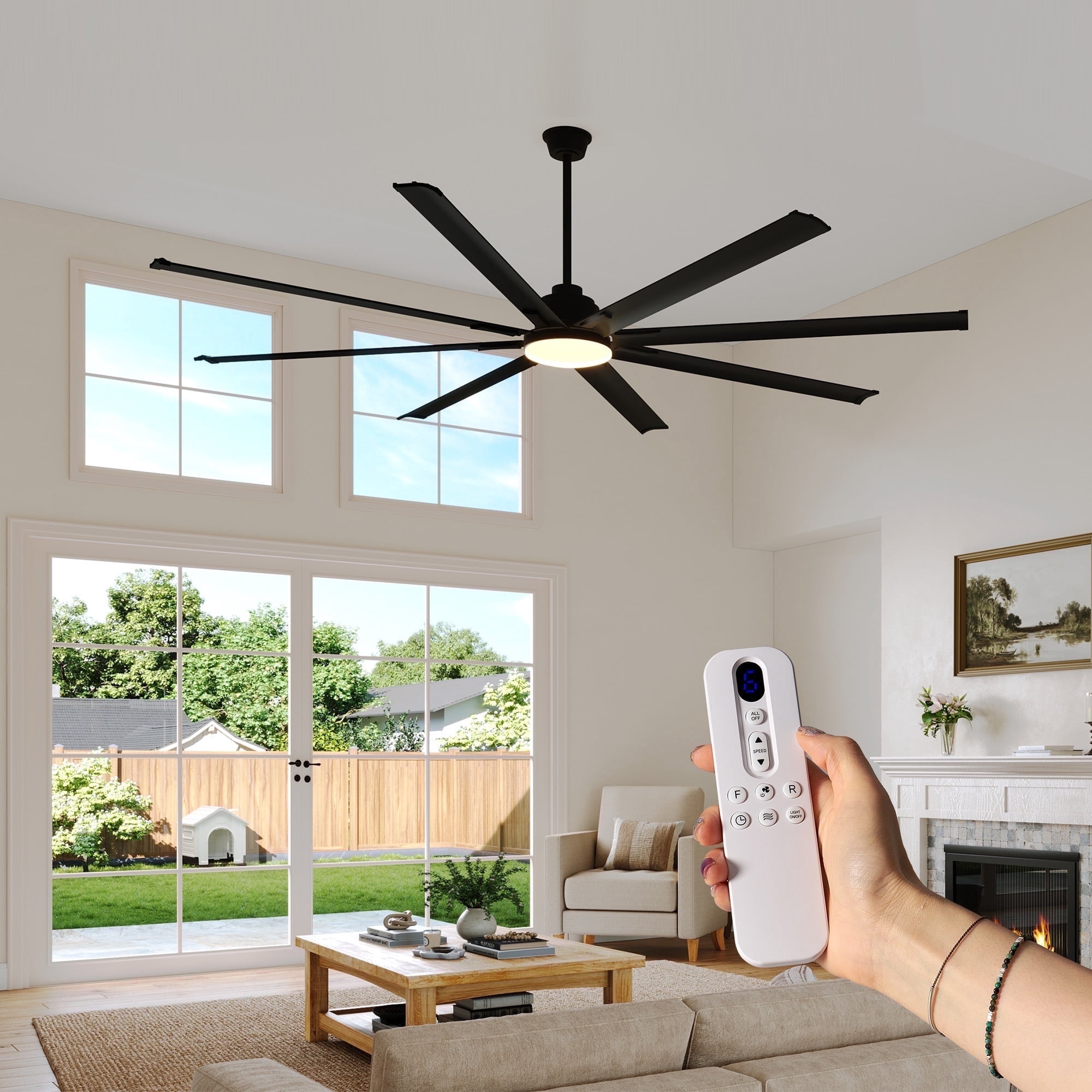 Jocisland 96 in Ceiling Fan with Light, 8-Blade Large Ceiling Fan with Remote, 6-Speed Reversible DC Motor, Dimmable 3-Color LED for Living Room