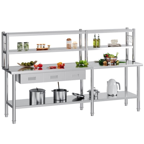 Jocisland 96 x 24 inch Stainless Steel Work Table with Shelves and Drawer, Food-Grade Stainless Steel, 3 Drawers, for Commercial Kitchens