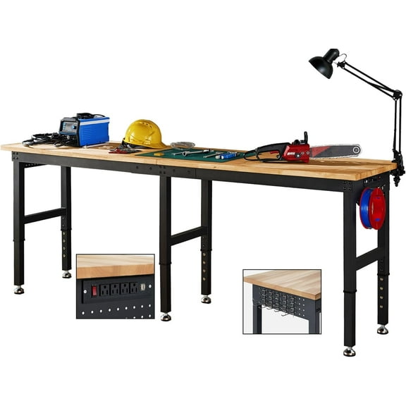 Jocisland 96x24 in Adjustable Workbench with Power Outlets, Rubber Wood Top with Hooks, Max 5000 lbs Workbench for Garage Woodworking, Workshop