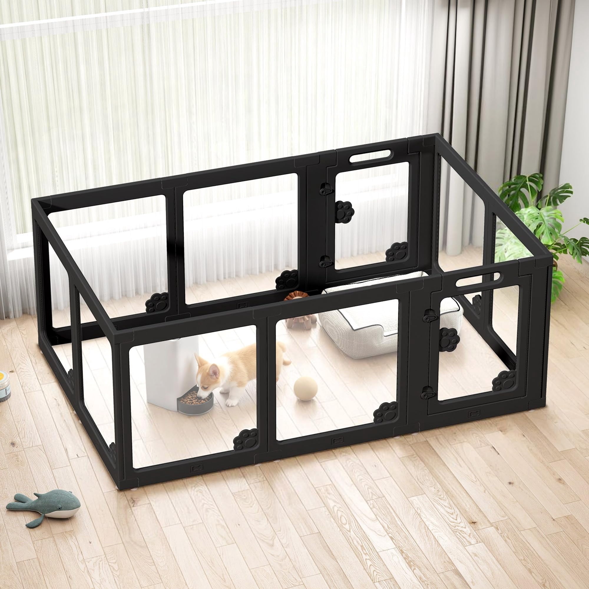 Jocisland Acrylic Clear Dog Playpen Indoor, Modular Puppy Cat Small Pet Play Pen, Transparent Fence for dogs, Easy Assemble, Black (24"H, 10 pcs)