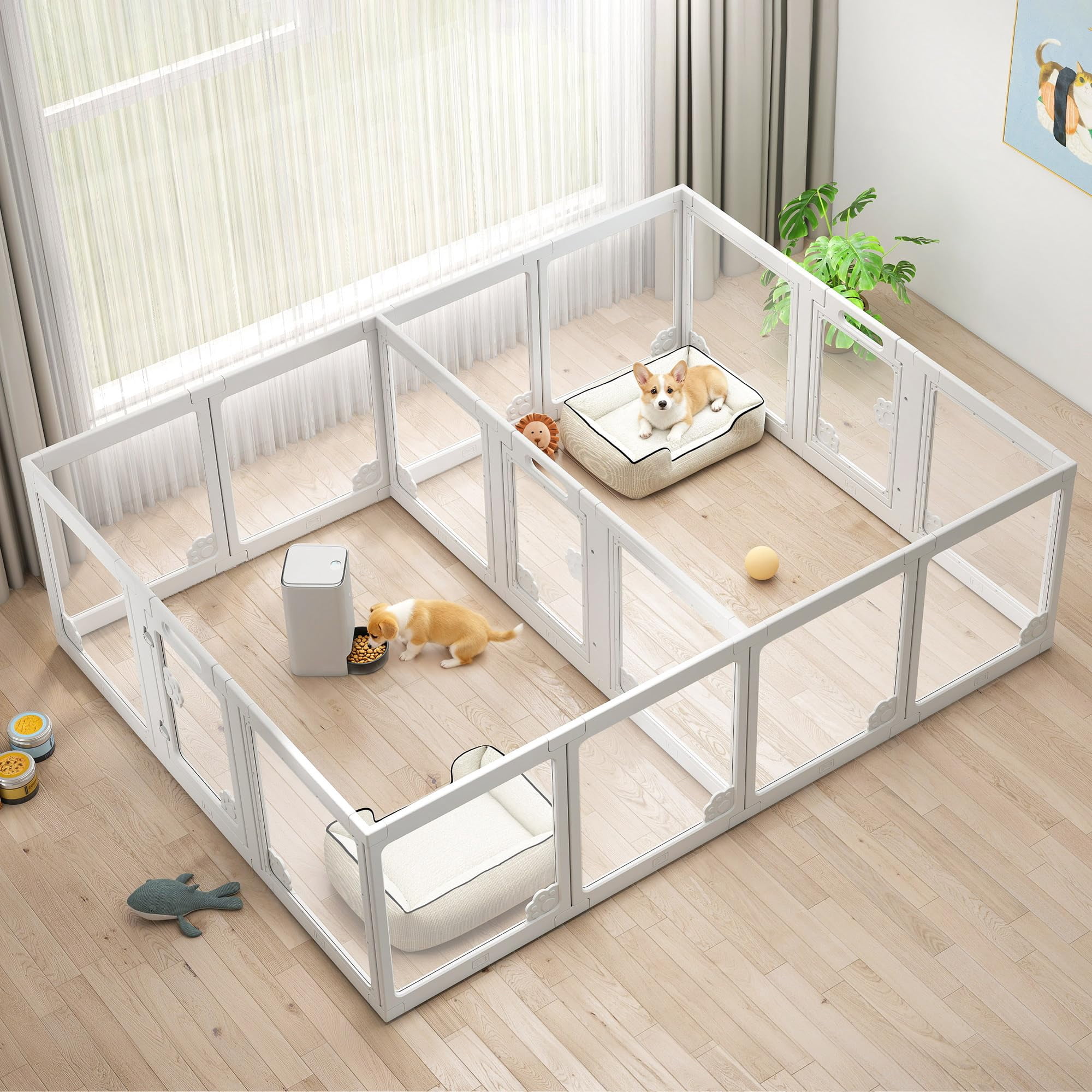 Jocisland Acrylic Clear Dog Playpen Indoor, Modular Puppy Cat Small Pet Play Pen, Transparent Fence for dogs, Easy Assemble, White (24"H, 17 pcs)
