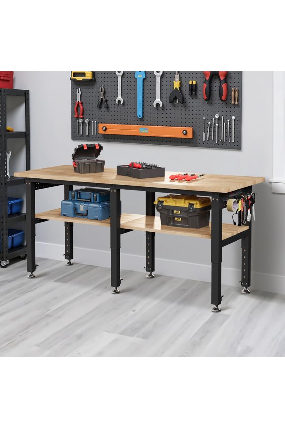 Adjustable 2-Tier Workbench with 4 Ac Outlet and 2 Usb Ports Power Outlets, 2000 lbs Capacity, Rubber Wood Top for Garage, Workshop(72X24In)