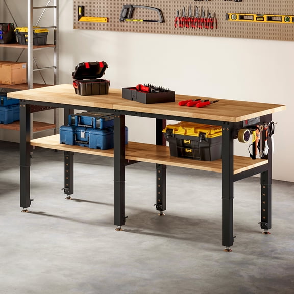 Jocisland Adjustable 2-Tier Workbench with 4 Ac Outlet and 2 Usb Ports Power Outlets, 2000 lbs Capacity, Rubber Wood Top for Garage, Workshop(72X24In)