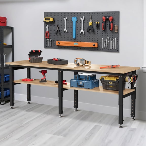 Jocisland Adjustable 2-Tier Workbench with 4 Ac Outlet and 2 Usb Ports Power Outlets, 2000 lbs Capacity, Rubber Wood Top for Garage (9624 in)