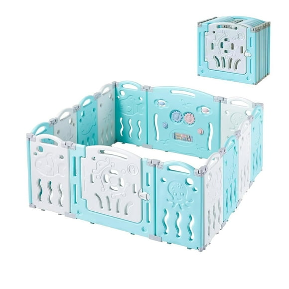 Jocisland Baby Fence Play Yard Baby Playpen 14 Panels - Kids Safety Panel and Gate with Safety Lock Adjustable Shape for Children Toddlers Indoors or Outdoors 25 Sq Ft(Blue+White)