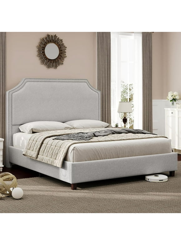 Jocisland Bed Frame Queen Size Upholstered Platform Bed with Curved Headboard, Nailhead Trim, No Box Spring Needed, Grey