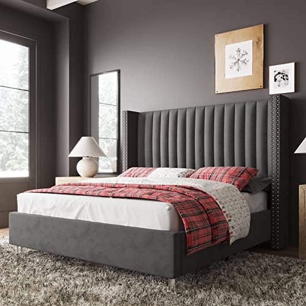 Merluxy King Bed Frame and Headboard Upholstered Wingback Bed,Grey ...