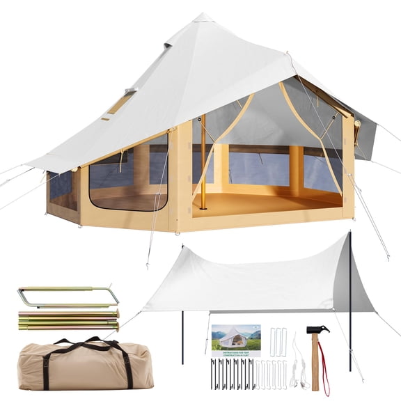 Jocisland Canvas Bell Yurt Tents for Camping, Waterproof Glamping Tent with Canopy, Stove Jack, Spacious Family Shelter for Outdoor, 6-7 Person