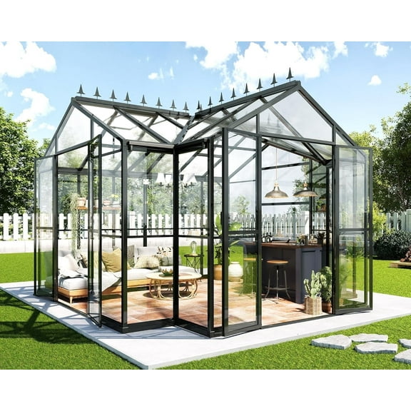 Jocisland Chalet Greenhouse 12x10x8 ft with Quick-Connect Fittings, for Outdoors Garden Backyard, Walk-in Aluminum Greenhouse with 2 Vents, Black