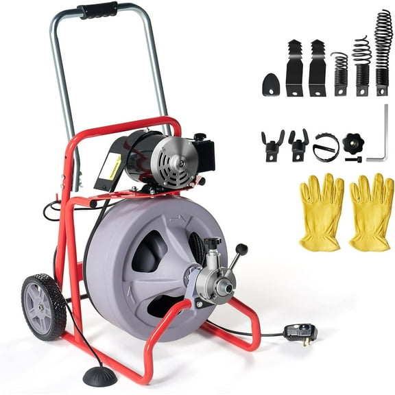 Jocisland Drain Cleaner Machine 100 FT x 3/8 inch, Auto Feed Electric Drain Snake with 9 Cutters & Air-activated Foot Switch for 1 to 4 Inch Pipes, Sewer Snake Auger, Grey/Red