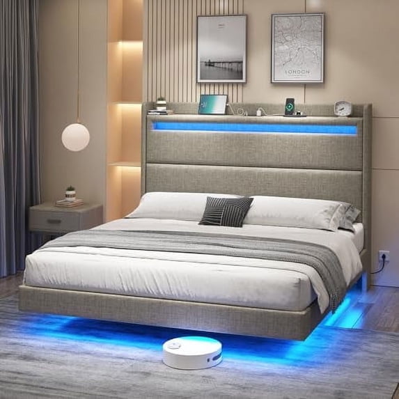 Merluxy Floating Bed Frame with LED Lights, Upholstered Platform Bed with Charing Station & Storage Wingback Headboard, Easy Assembly,King,Khaki