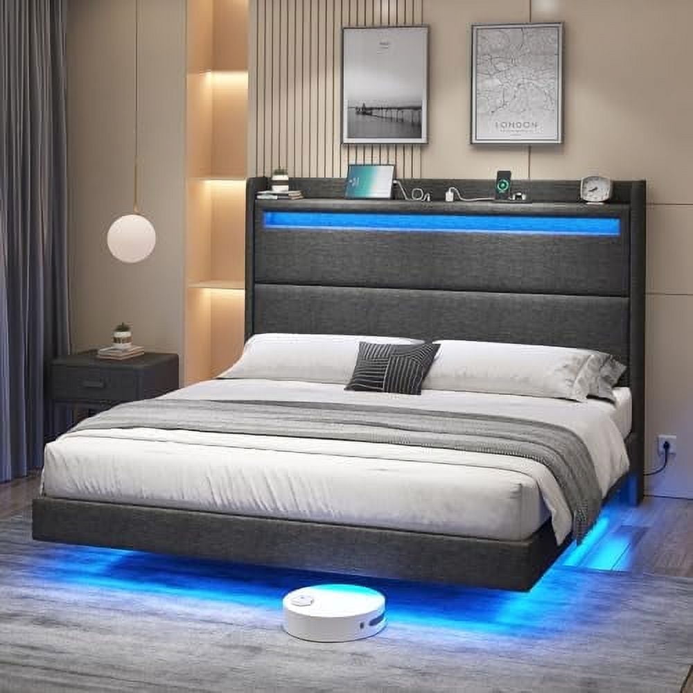 Merluxy Floating King Size Bed Frame with LED Lights, Upholstered ...