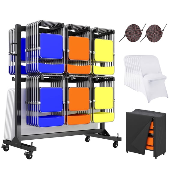 Jocisland Folding Chair Rack, Holds 12 Tables or 84 Chairs with 50 Pcs Chair Covers, 1100 lbs Capacity, Heavy-Duty Cart with Wheels, Elastic Cords, Cover, Glossy Black