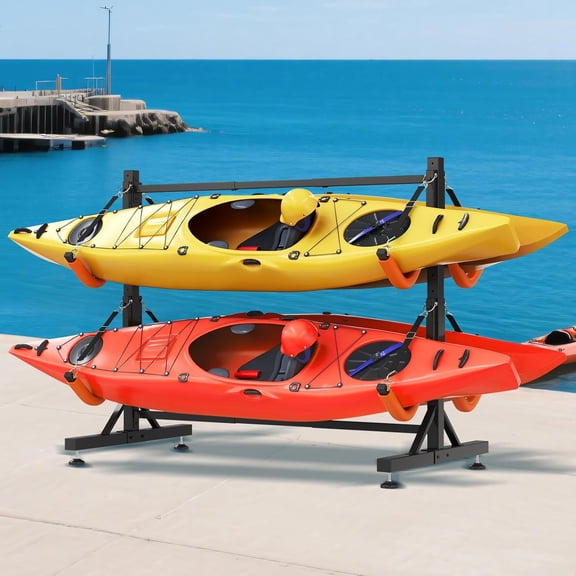 Jocisland Freestanding Kayak Storage Rack for 4 Kayaks, Adjustable Width Stand with Stable Base, 8 Elastic Ropes, EVA Tube Sleeves