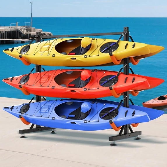 Jocisland Freestanding Kayak Storage Rack for 6 Kayaks, Adjustable Width Stand with Stable Base, 12 Elastic Ropes, EVA Tube Sleeves