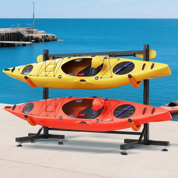Jocisland Freestanding Kayak Storage Rack for 2 Kayaks, Adjustable Width Stand with Stable T-Base, EVA Tube Sleeves, for Indoor Outdoor Garage