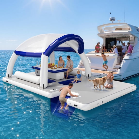 Jocisland Inflatable Floating Dock, 16.4x10x7.2 FT Water & Land Inflatable Platform with Canopy, Built-in Table, Water-Level Seating, Ladder