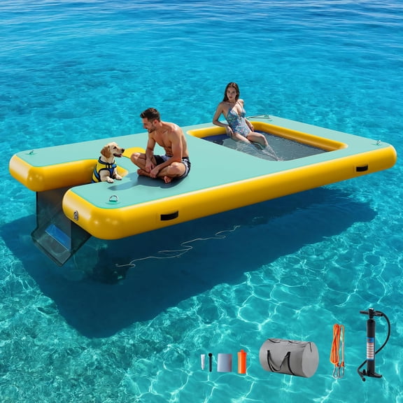 Jocisland Inflatable Floating Dock, Non-Slip 6/7/8/10/12 FT Air Dock Platform Loating Island Raft with Rope Ladder for Pool Lake Beach Ocean