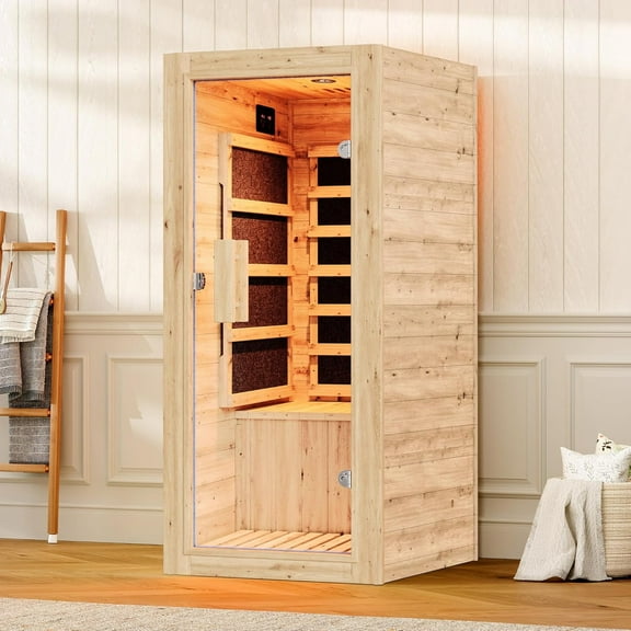 Jocisland Infrared Sauna 1 Person for Home, Spruce Wood Dry Sauna with Foot Warmer, Indoor Spa, 149℉ Fast Heating, LED Light, 27.2"x31.8"x60.2"