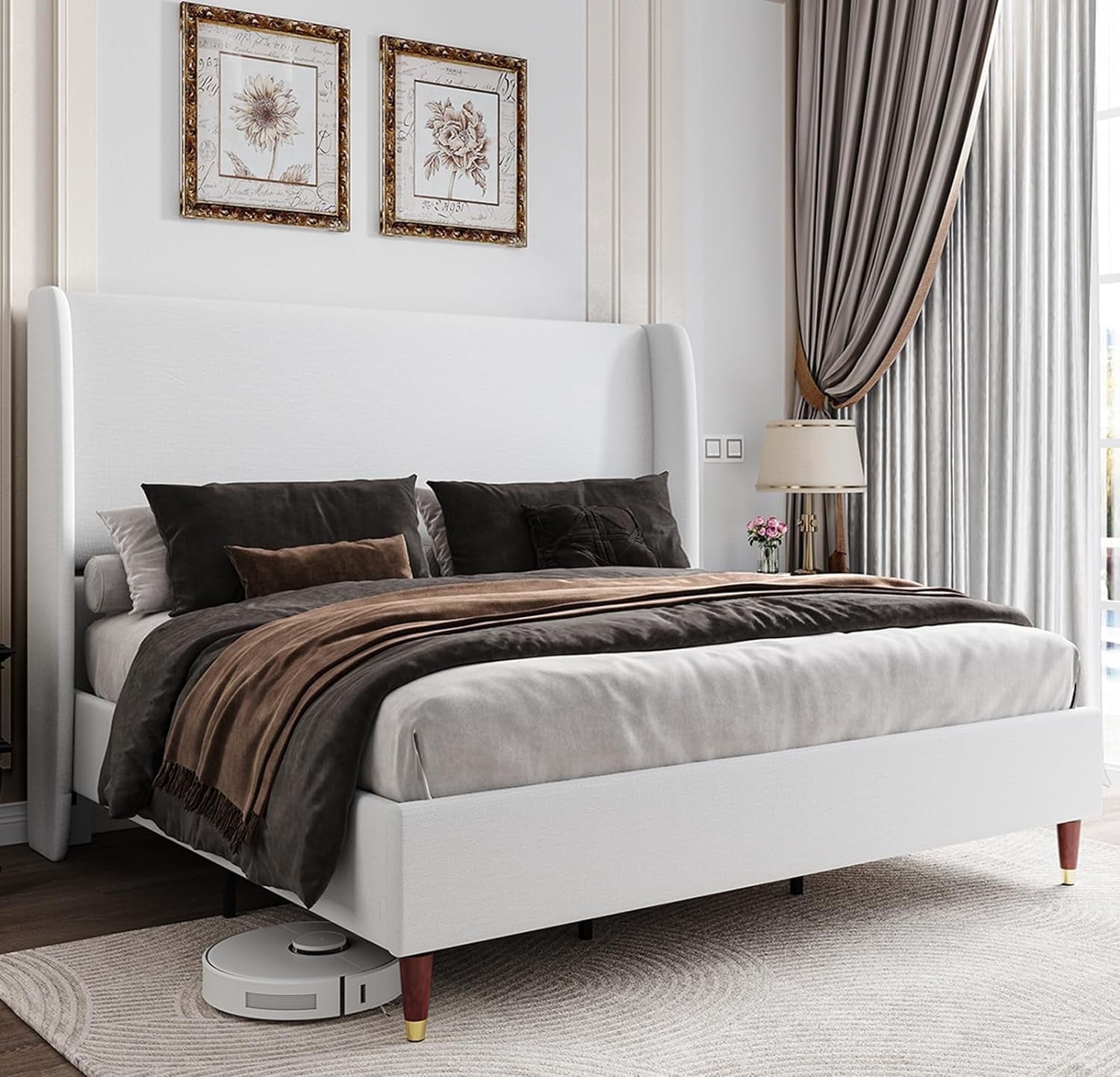 "Jocisland Tall King Bed Frame 51.2"", Linen Upholstered, Wingback ...