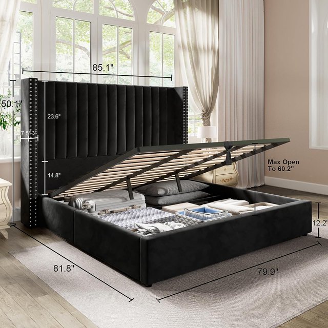 Jocisland King Bed Frame with Lift Up Storage, Tufted Wingback