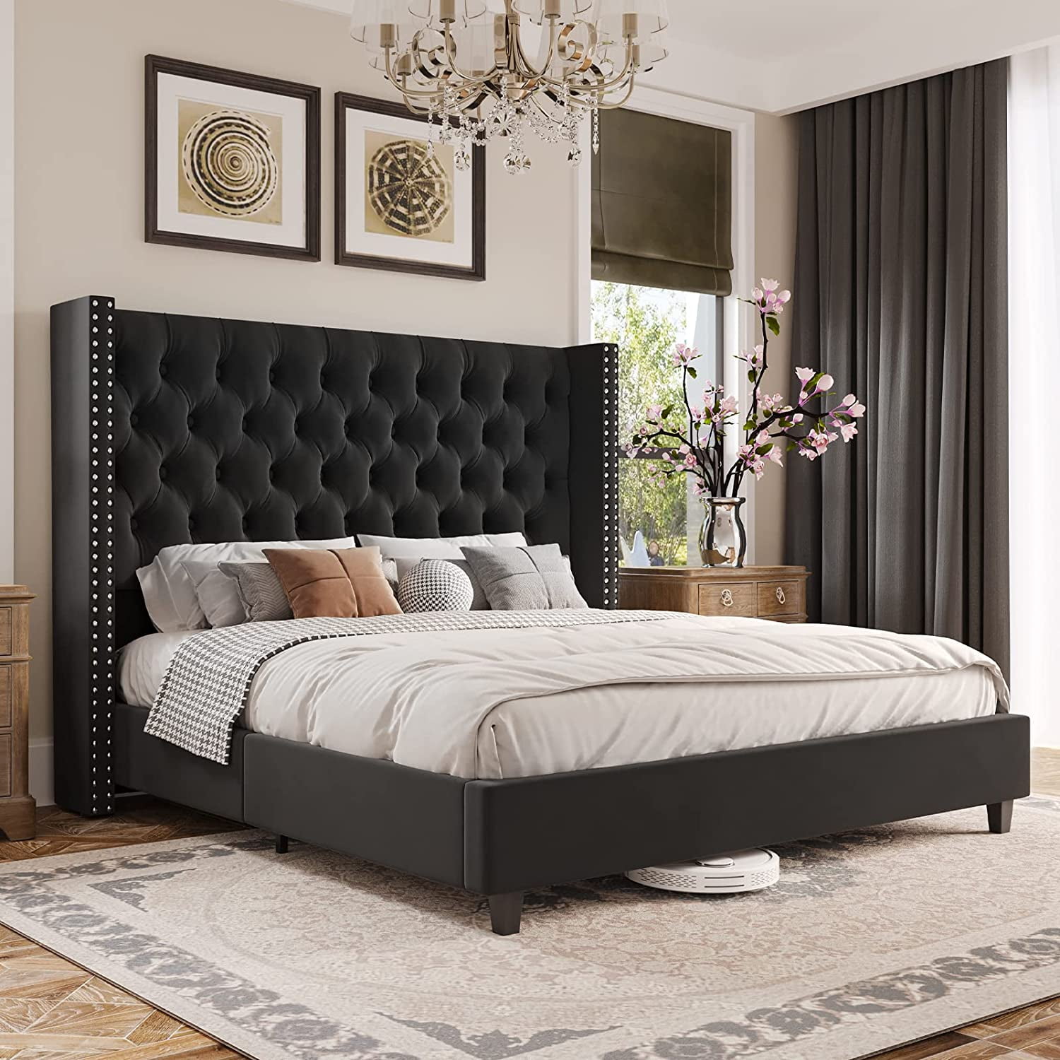 Black upholstered queen bed online
