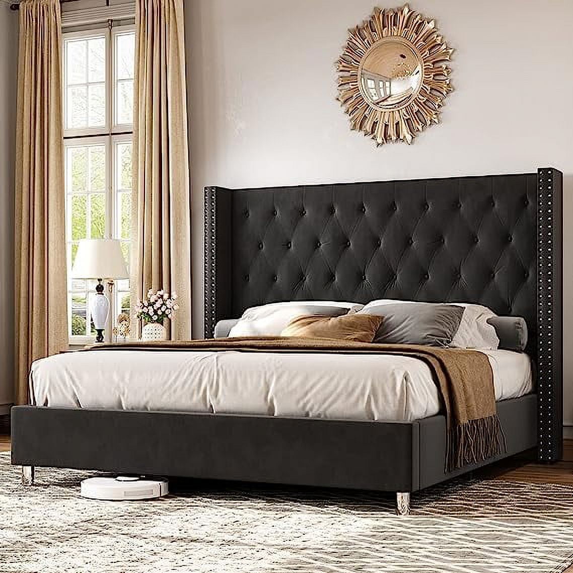 Jocisland King Bed Frame Upholstered Bed Wingback Headboard Velvet ...