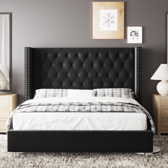 VanAcc King Bed Frame Upholstered Bed Wingback Headboard Velvet Tufted Diamond Button/No Box Spring Needed/Easy Assembly/Black