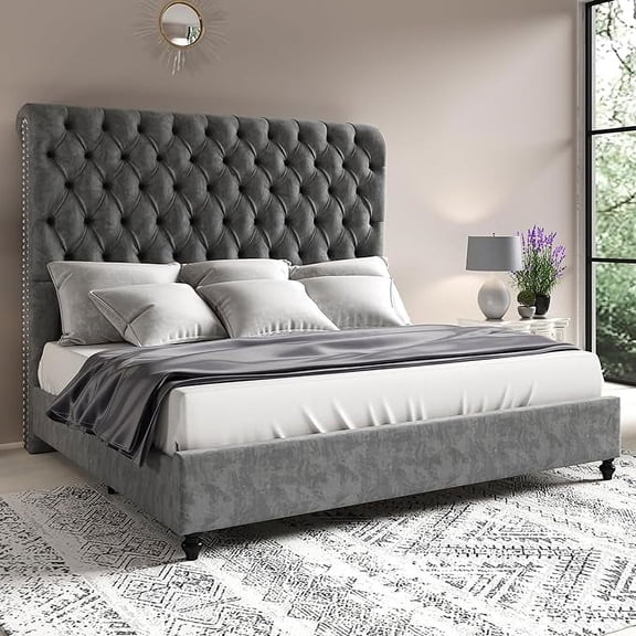 Merluxy King Bed Frame for Adult,60" Sleigh Headbord with Deep Button Tufting,Velvet Light Grey