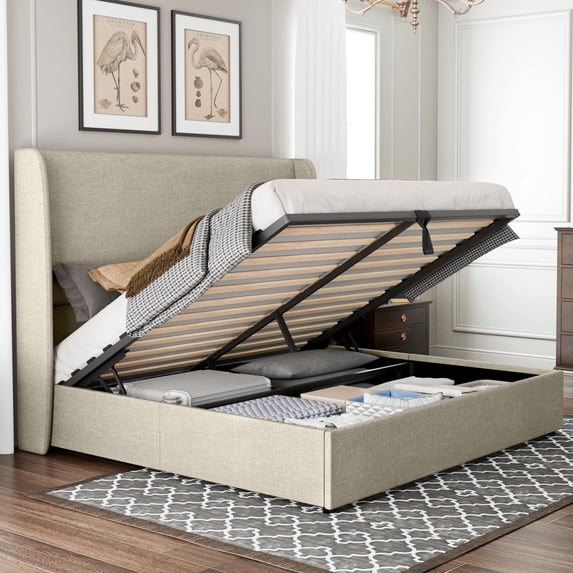 Merluxy King Bed Frame with Lift up Storage,Linen Platform Bed Frame,Khaki