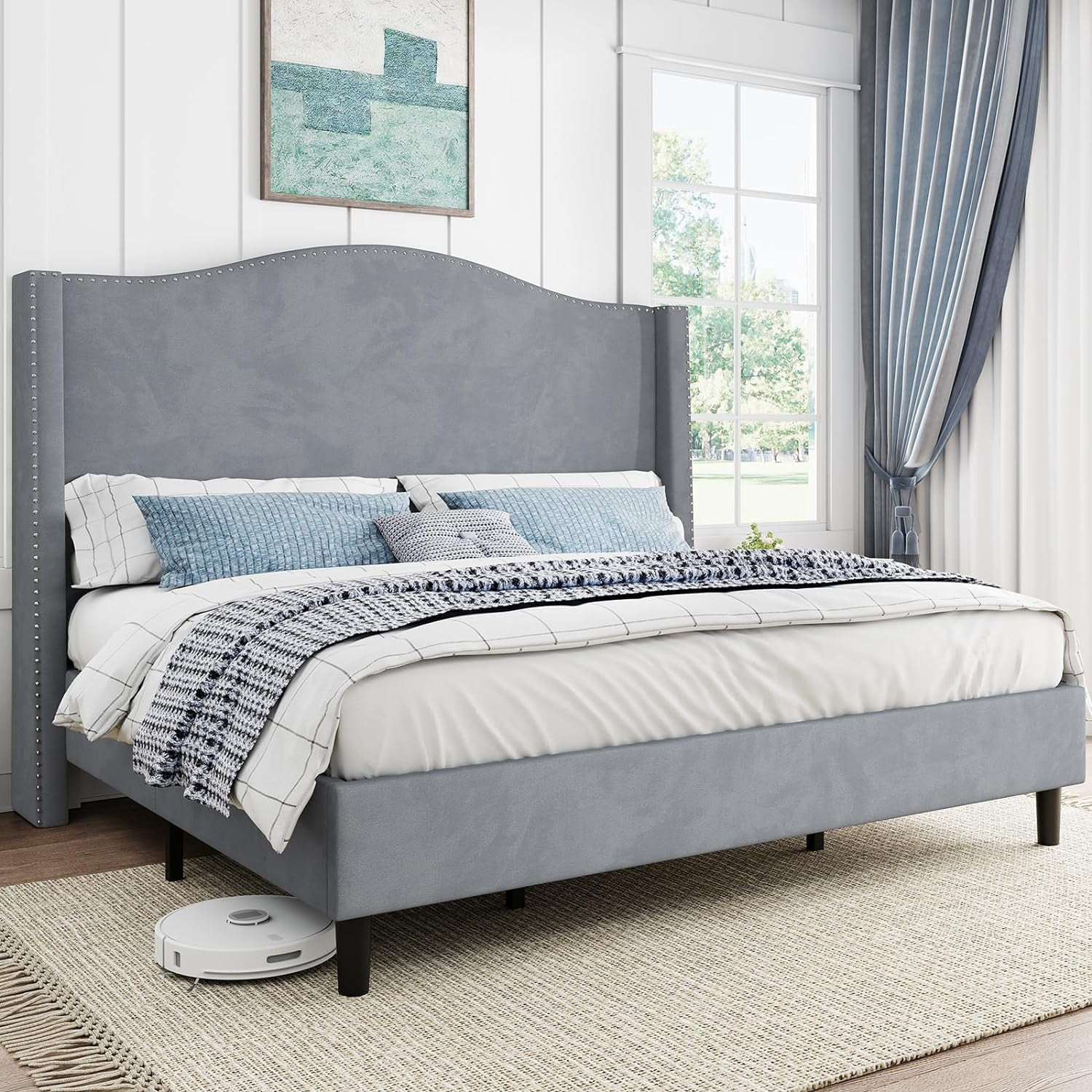 Jocisland King Size Bed Frame 53.1" Tall Wingback Headboard Velvet ...