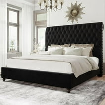 Jocisland King Size Bed Frame Sleigh Headboard Velvet Tufted Black