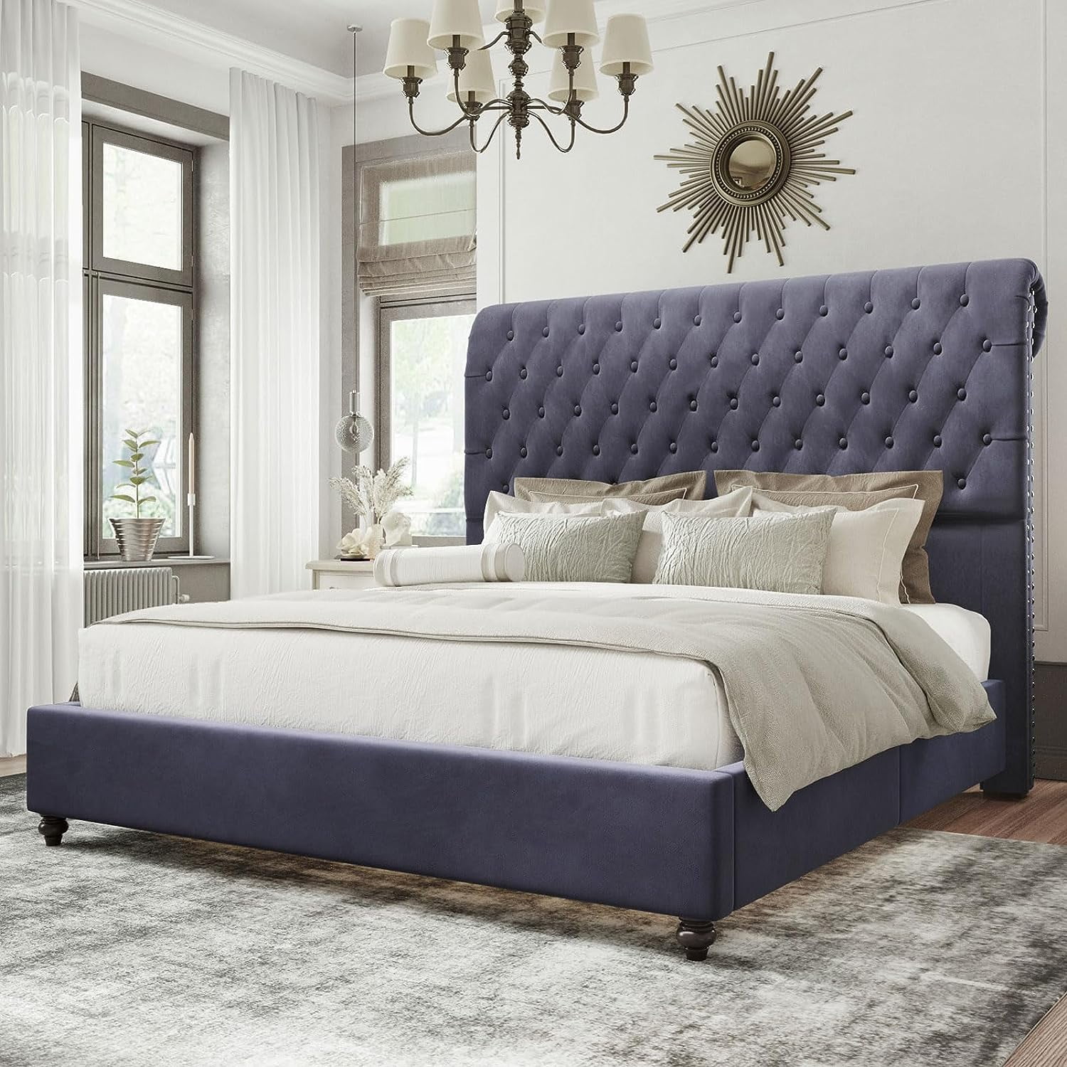 Jocisland King Size Bed Frame Velvet Tufted Sleigh Headboard Silver ...