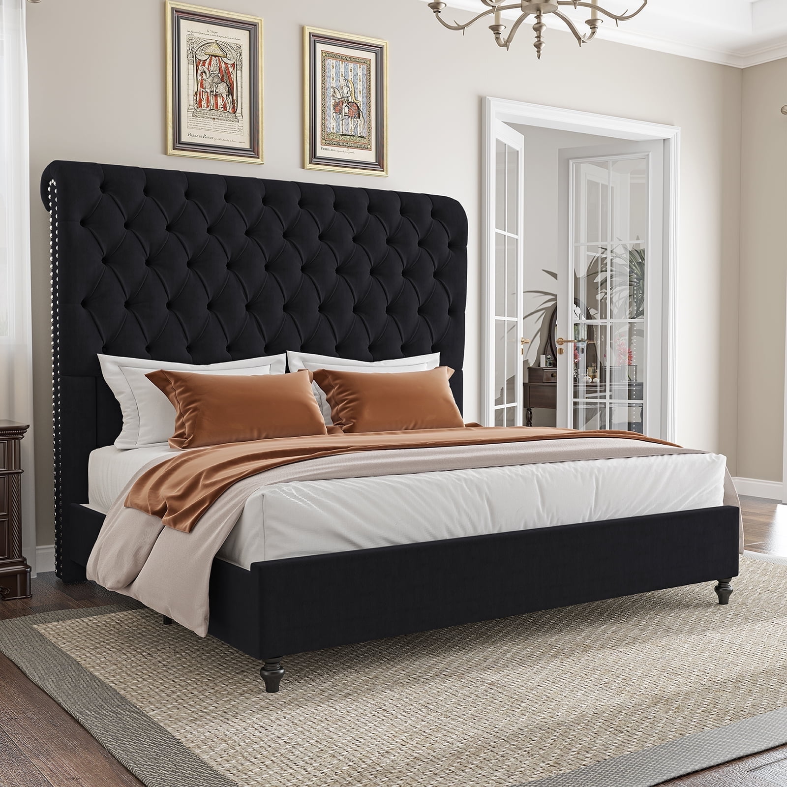 Merluxy King Bed Frame with 59.1 inch Sleigh Headboard Velvet Upholstered No Box Spring Needed Black