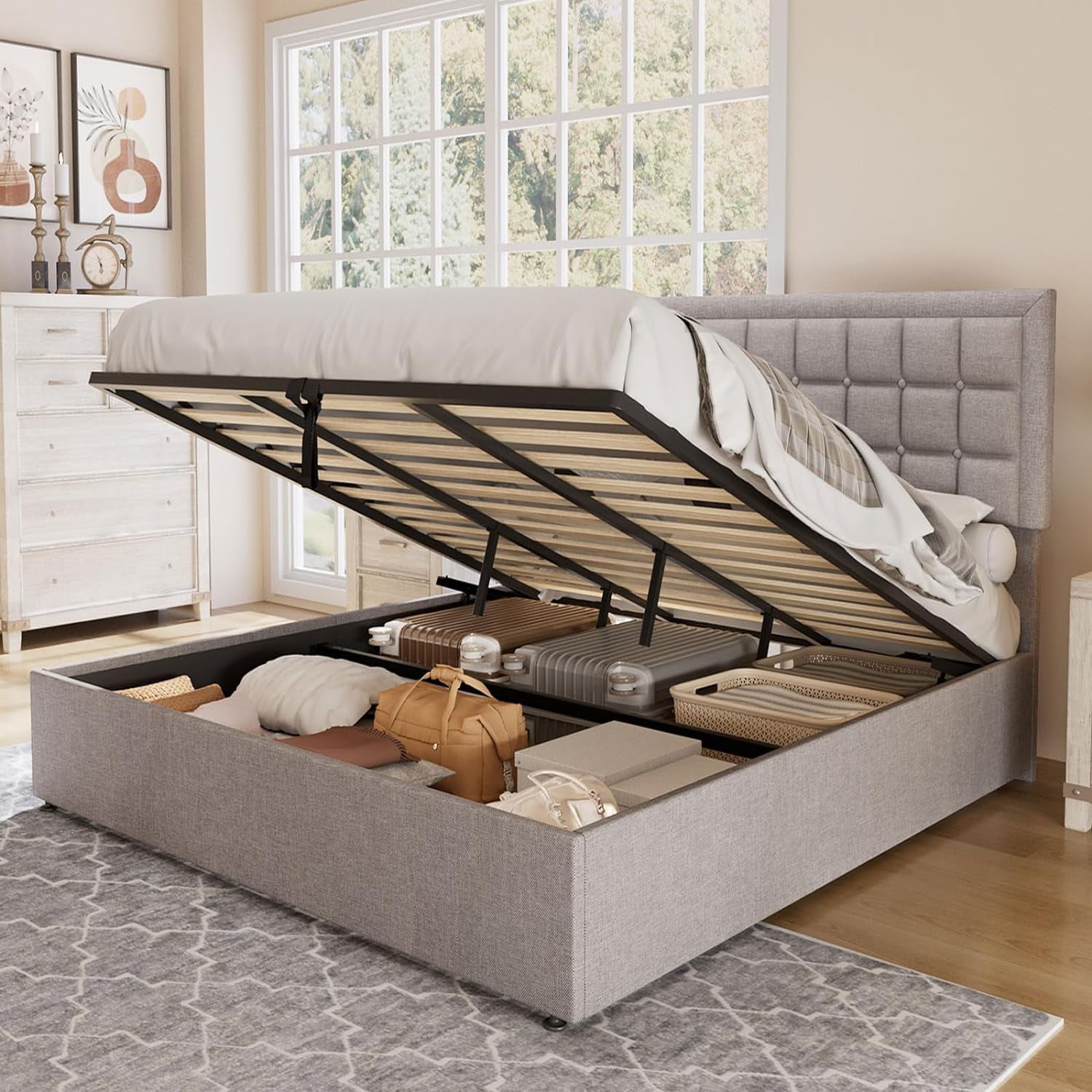 Jocisland King Size Lift Up Storage Bed Frame, Upholstered Platform Bed