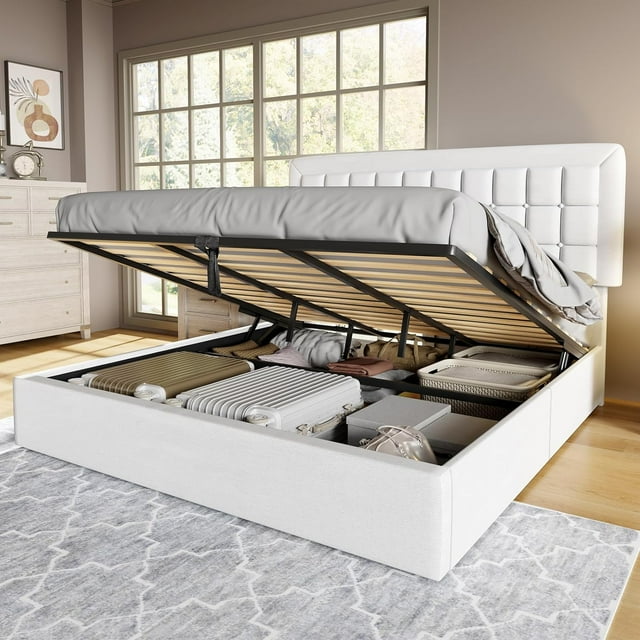 Jocisland King Size Bed Frame with Lift Up Storage, Upholstered