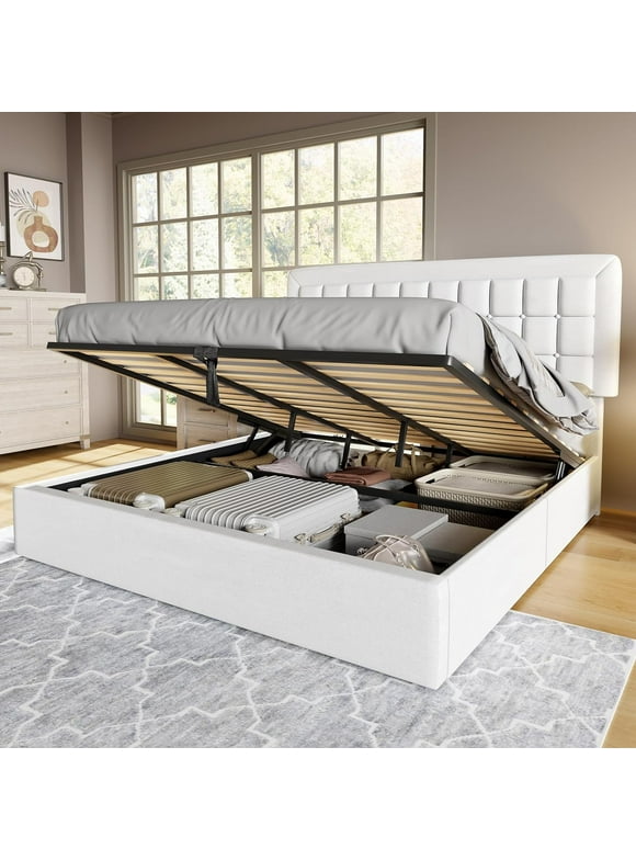 Jocisland King Size Lift Up Storage Bed Frame, Upholstered Platform Bed Frame Button Tufted Headboard/White
