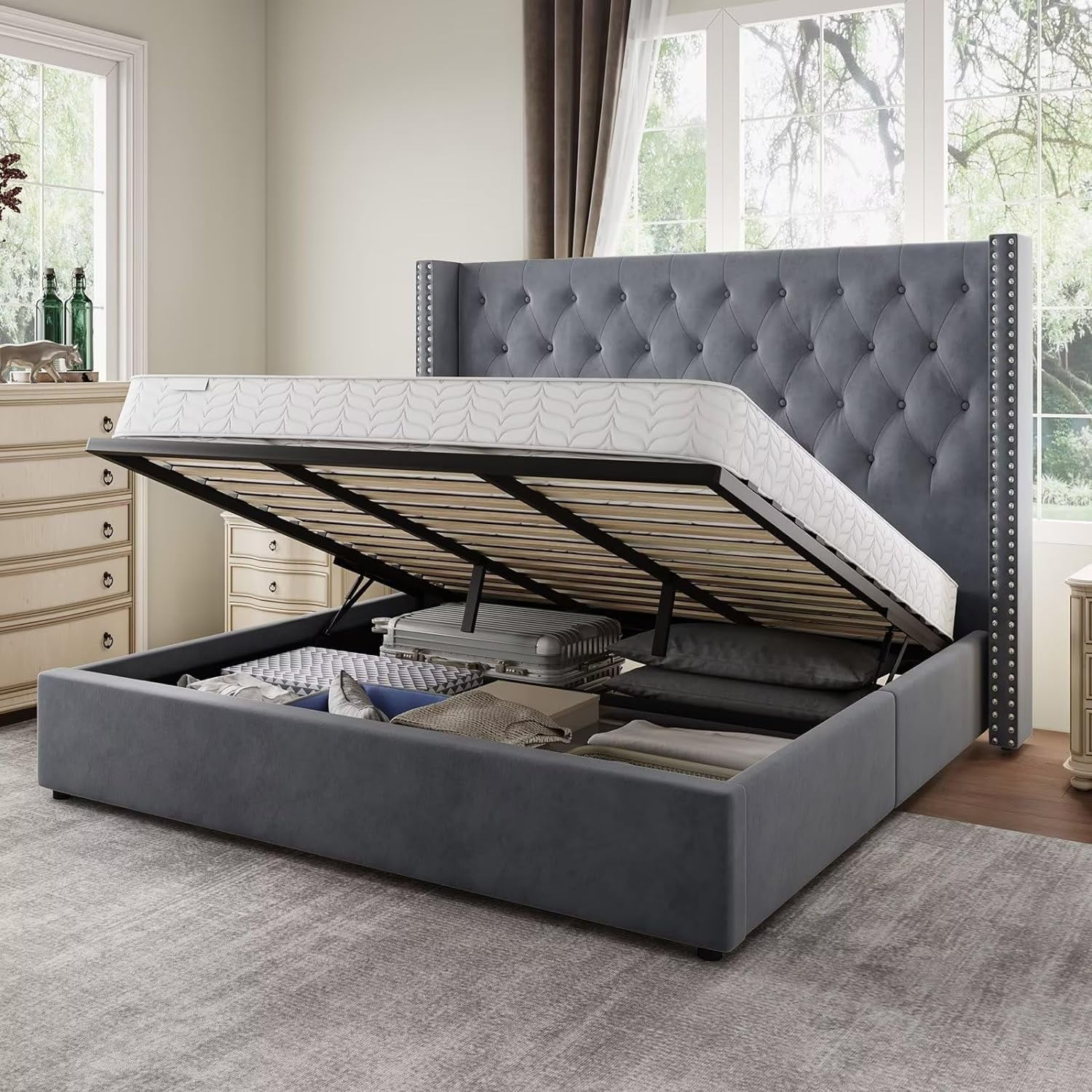 Jocisland King Size Lift Up Storage Bed, Upholstered Platform Bed Frame