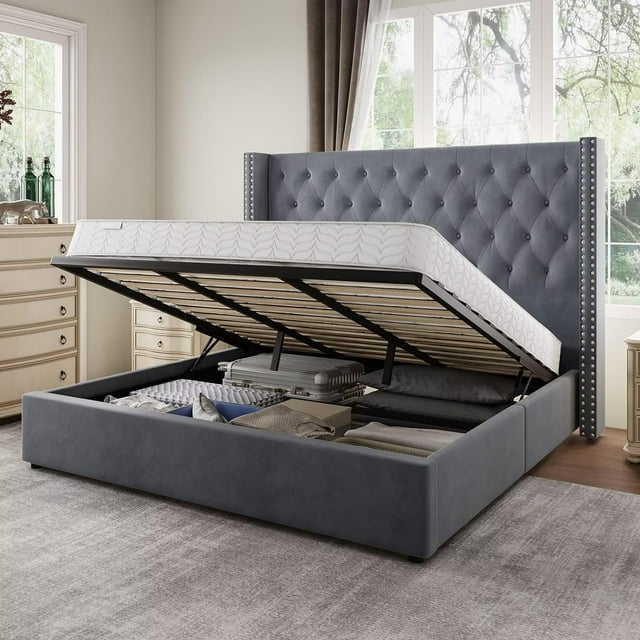 Jocisland King Size Lift Up Storage Bed, Upholstered Platform Bed Frame