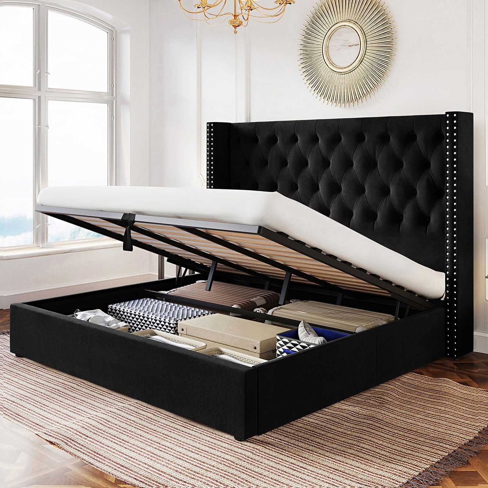 VANACC King Size Lift Up Storage Bed, Upholstered Platform Bed Frame ...