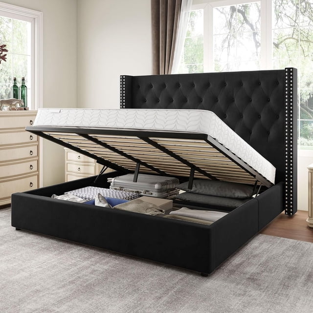 Jocisland King Size Lift Up Storage Bed, Upholstered Platform Bed Frame and Velvet Button Tufted