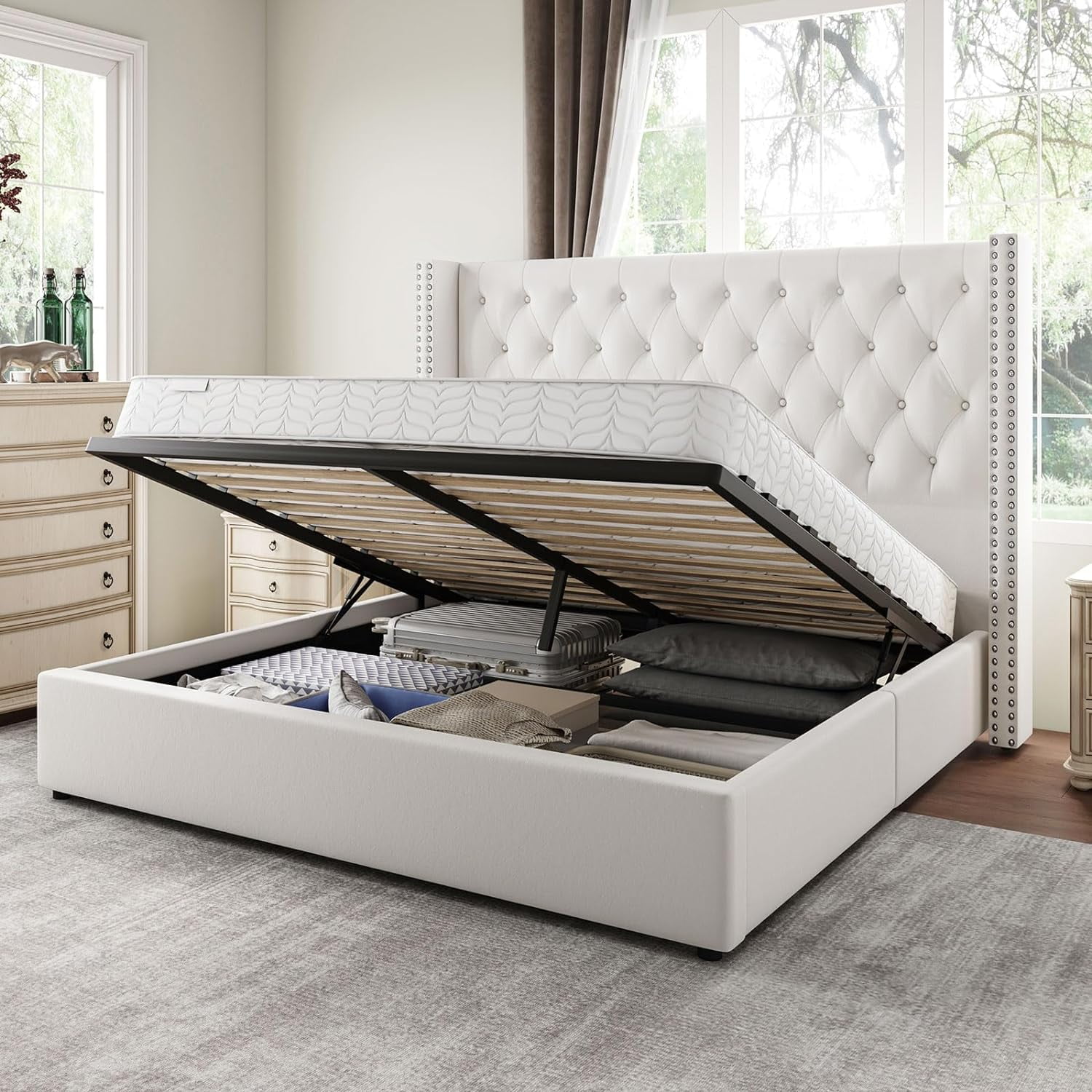 Jocisland King Size Lift Up Storage Bed, Upholstered Platform Bed Frame and Velvet Button Tufted