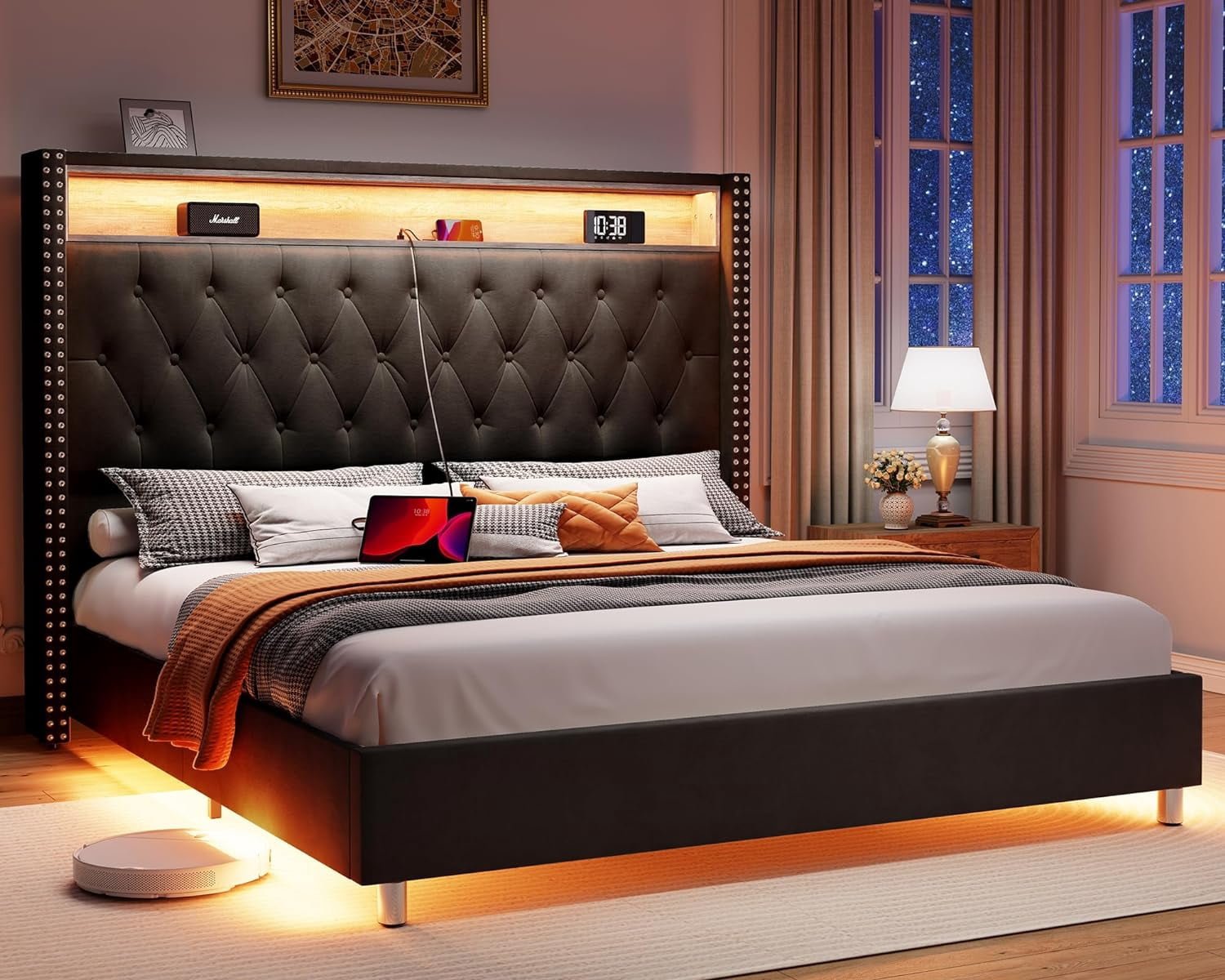 Jocisland King Size LED Bed Frame with USB Upholstery, Charging Station