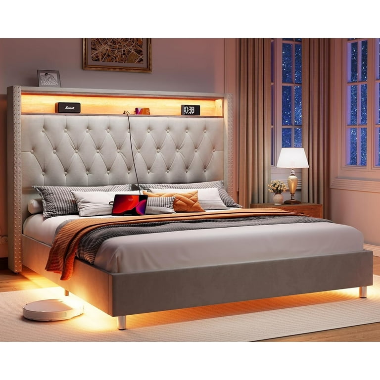 Jocisland Queen LED Bed Frame, Charging Station, Storage Headboard 