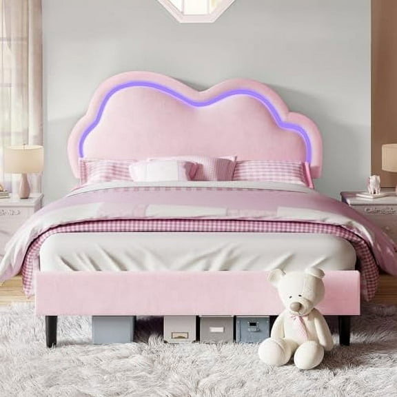 Merluxy LED Bed Frame Velvet Upholstered Platform Bed with Adjustable Cloud Headboard, No Box Spring Needed,Full,Pink