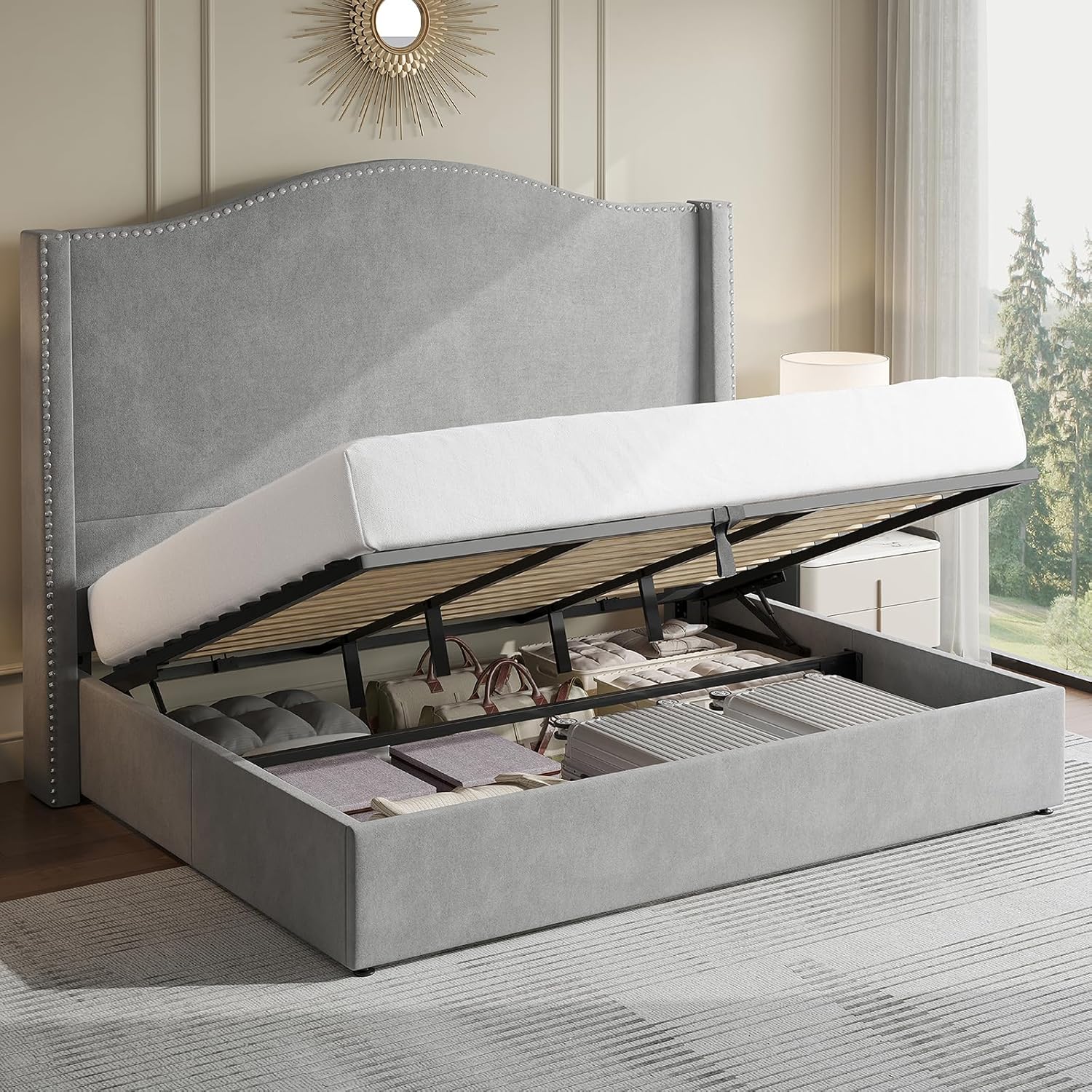 Jocisland Lift Up Storage Bed King Size, Upholstered Platform Bed Frame