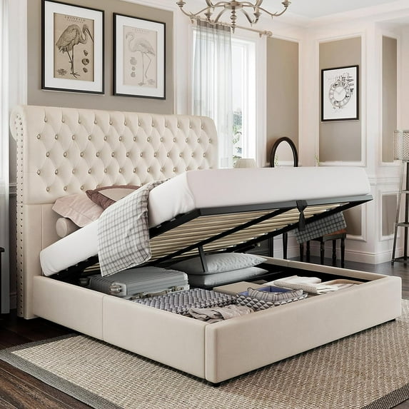 Merluxy Lift Up Storage Bed King Size Velvet Upholstered Sleigh Platform Bed Frame/52.4" Deep Button Tuft Headboard/Hydraulic Storage/Cream