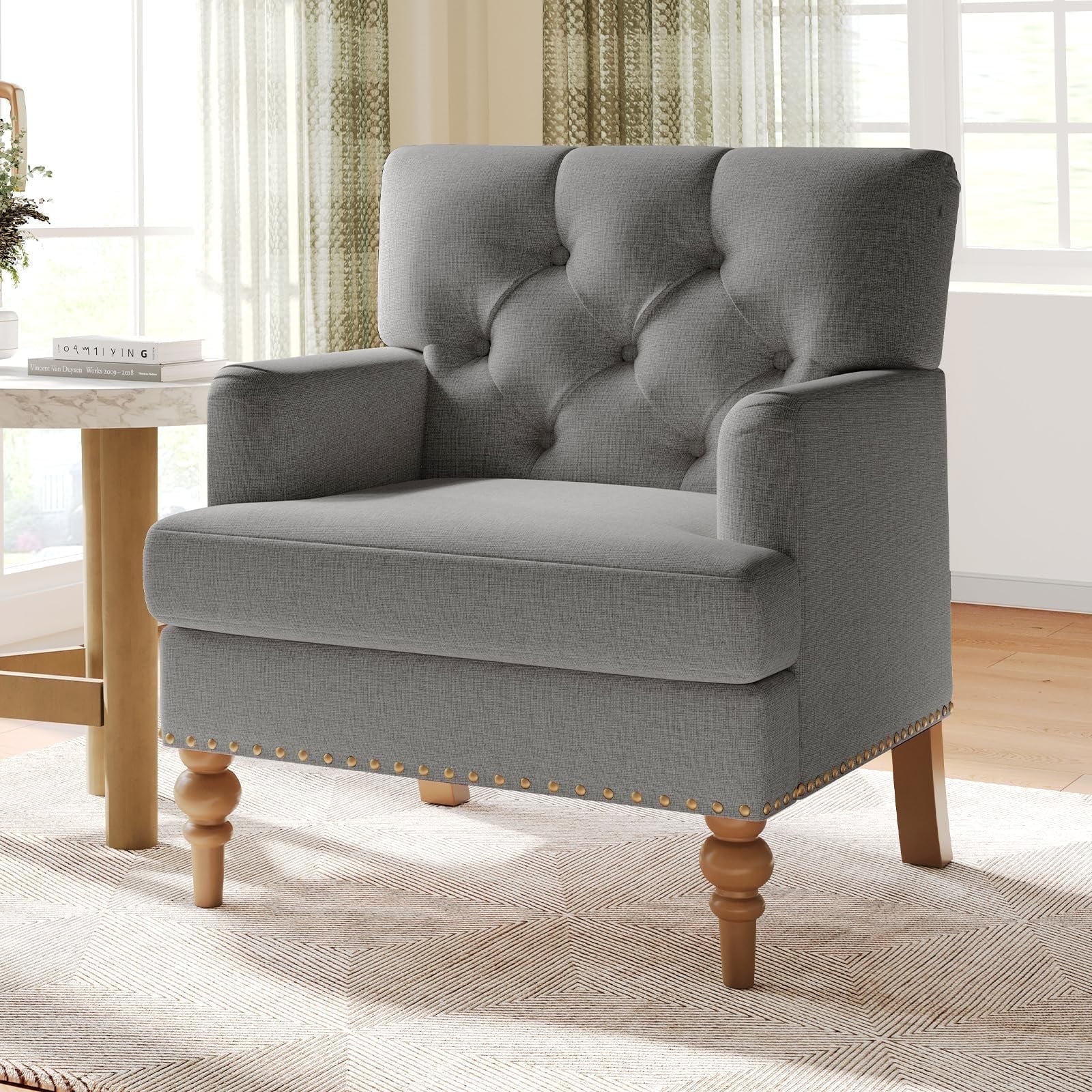 Merluxy Linen Accent Chair, Upholstered Button Tufted Arm Chair for Living Room Bedroom, Grey