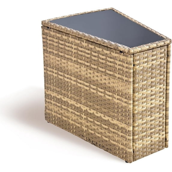Jocisland PE Rattan Wicker Patio Side Table Sofa Wedge End Table with Tempered Glass Top & Storage Function
